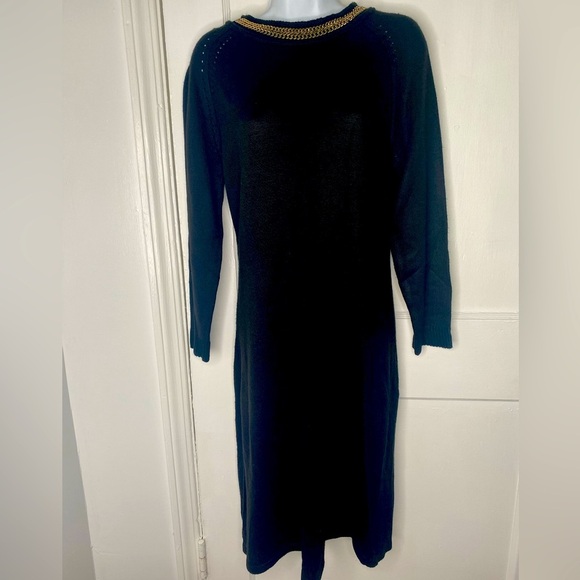 Calvin Klein Dark Black Sweater Dress w a Gold Chain embellished Neckline - Picture 1 of 12
